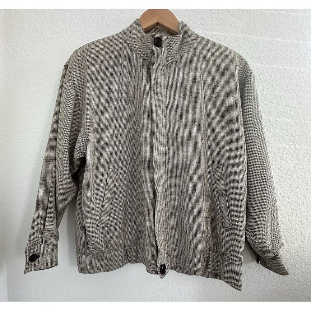 Vtg Doncaster 100% Woven Silk‎ Mens Bomber Jacket Sz S Black Tan Quiet Luxury